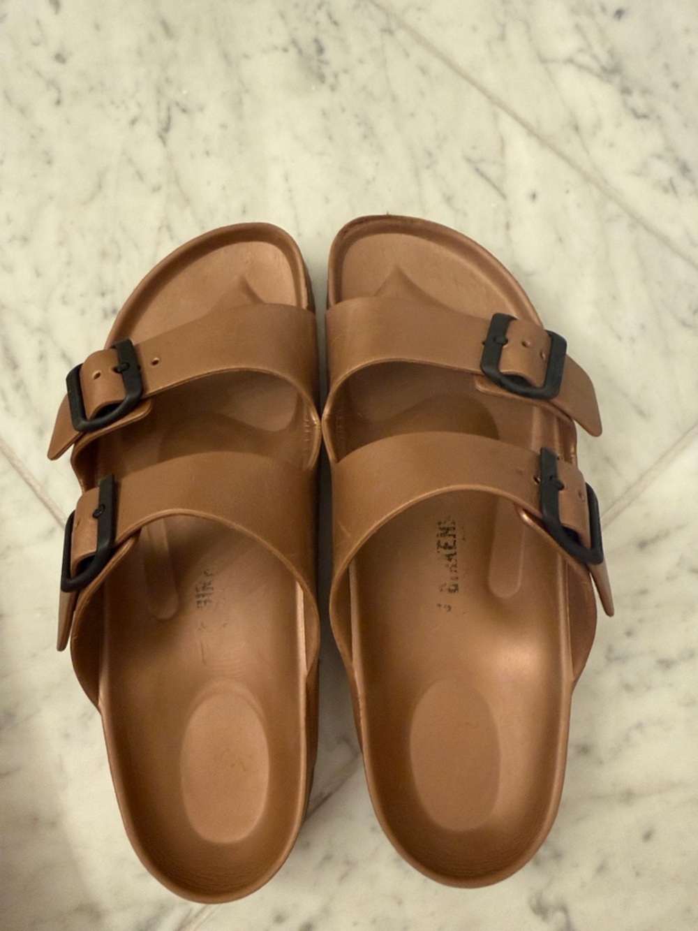 Birkenstock Arizona EVA Metallic Copper Double-Strap Sandals with Black Buckles - Picture 2 of 6